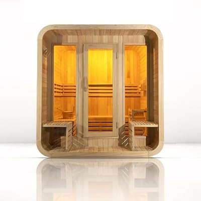 TaTalife 2-4 Person Outdoor Square Sauna, Canadian Red Cedar Outdoor Sauna, 6 KW ETL Harvia Heater, Recliner, Porch,Waterprrof System, Double Reinforcement Relaxing Spa Experience