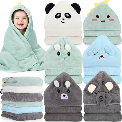 Image of SmoothNovelty 6 Pack Baby Hooded Towels Infants and Toddlers Coral Fleece Baby Bath Towels 31.5 x 31.5 Inch Absorbent Cute Soft Newborn Bath Essentials Gifts for Boys & Girls(Multicolor,Cute)