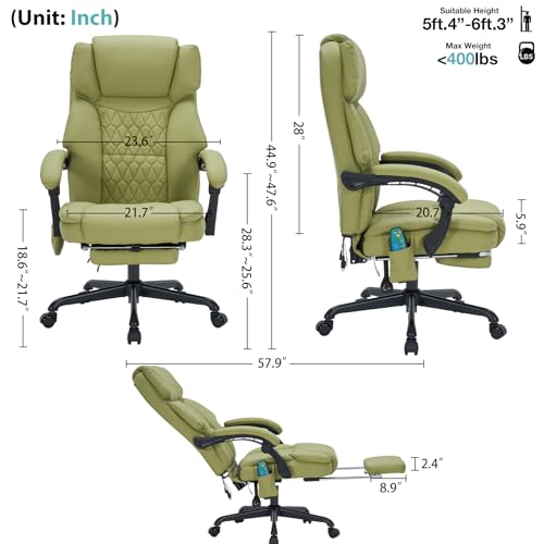 Image of Massage Office Chair with Foot Rest 6 Points Vibration and Heat Home Office Desk Chairs for Heavy People 400lbs Reclining Managerial Chairs Ergonomic Executive Chair (Green)