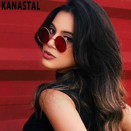 Miniatura 3 de Kanastal Gafas De Sol Redondas Rojas Hombre Mujer Retro Vintage Rojo Pequeñas Red Round Sunglasses Conducir Metalicas Circulos - Montura Doradas Con Lentes Rojas