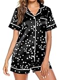 Ekouaer Short Satin Pajama Set Star Above Sleepwear Womens Silk Pjs Short Sleeve Button Down Loungewear NightwearBlack StarSmall