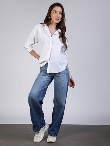 Image of Urbano Fashion Women's Cotton Full Sleeve Oversized Fit Casual Solid Slub Shirt with Spread Collar