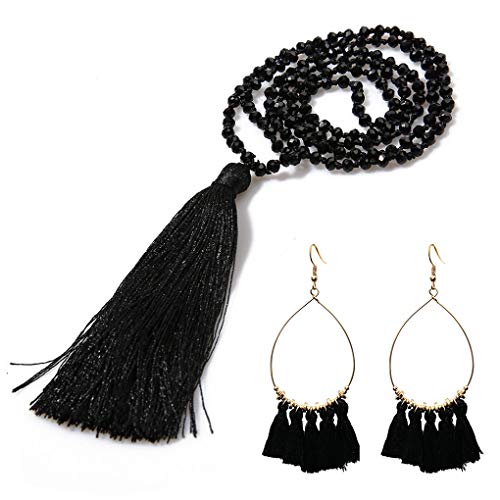 SELOVO Boho Tassel Beach Drop Earrings Black Ball Statement Long Necklace Jewelry Set