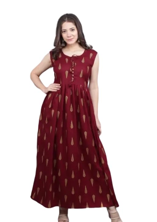 Raj Fashion Women's 3/4th Sleeves Round Neck Rayon Solid Calf Length Anarkali Ethnic Long Gown Maroon-picture-28