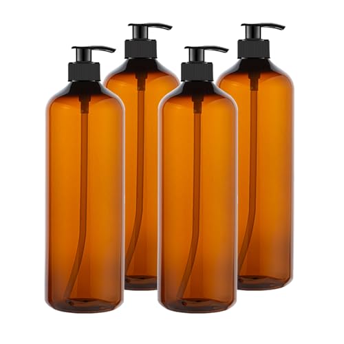 4 Pack 32 OZ Empty Plastic Pump Bottles With 1 Pen, Labels & Silicone Funnel, Amber Empty Shampoo Bottles with Pumps For Body Wash, Shampoo, Massage Lotion, Gel