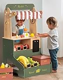ROBUD Pretend Play Grocery Store with Lights, Supermarket Playset for Kids, Interactive Wooden Play Market Stand, Gift for 3+ Kids Boys Girls (Vintage Green)