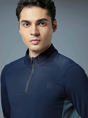 Image of TECHNOSPORT Men Polyester Slim Fit Colorblock Zipper Neck Full Sleeve Cotflex Polo T-Shirt With Quick Dry, Spf50+ For Gym, Sports And Regular Use