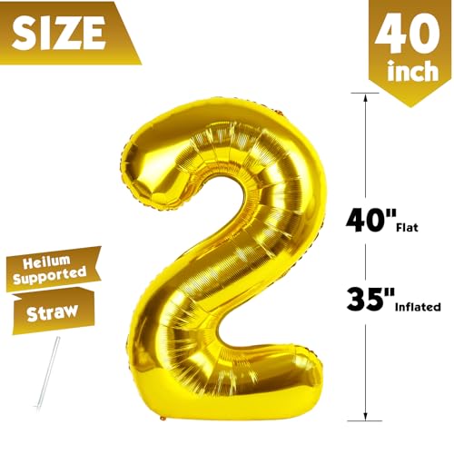 Image of 40 Inch Gold Number 2 Balloon Birthday Party Decorations for Men & Women | 40 Inch Gold inflatable foil number balloons, large birthday decorations for 2nd birthday