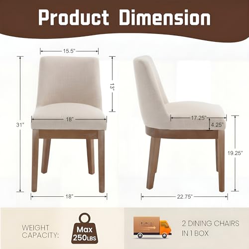 Image of HNY Beige Linen Fabric Dining Chairs Set of 2 with Comfortable Back Support | Modern Soft Upholstered Dining Room Chairs with Sturdy Solid Wood Frame, Farmhouse Kitchen Chair for Living Room, Apartment