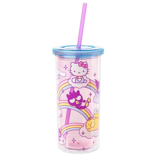 Image of Silver Buffalo Hello Kitty FRIENDS Rainbows Clouds, Plastic Cold Cup, 20oz | Tall, Includes Lid and Straw, Sanrio, 0.59 Liters