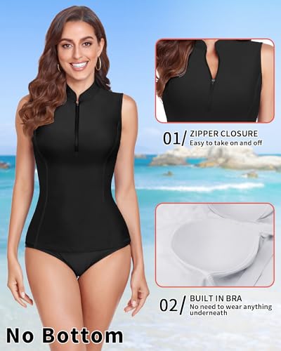 WOWENY Women's Rash Guard Buit-in Bra Tankini Swimsuit Tops Sleeveless Swim Shirts Bathing Suit No Bottoms2