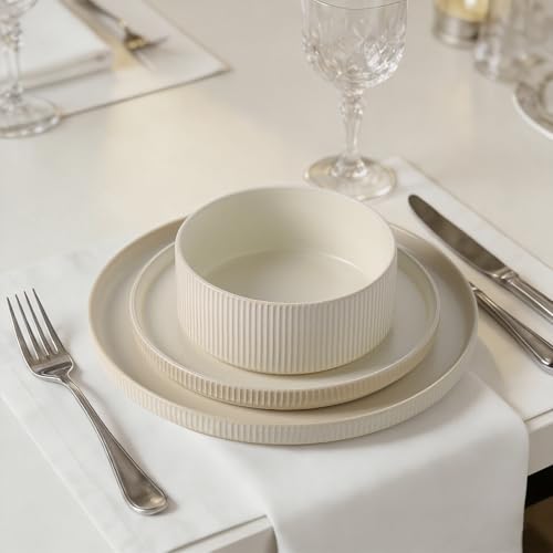 Image of Dinnerware Set Service for 4, 12-Piece Ceramic Plates and Bowls Set, Chip & Scratch Resistant, Microwave and Dishwasher Safe, Modern Minimalist Tableware for Everyday Use, Matte White