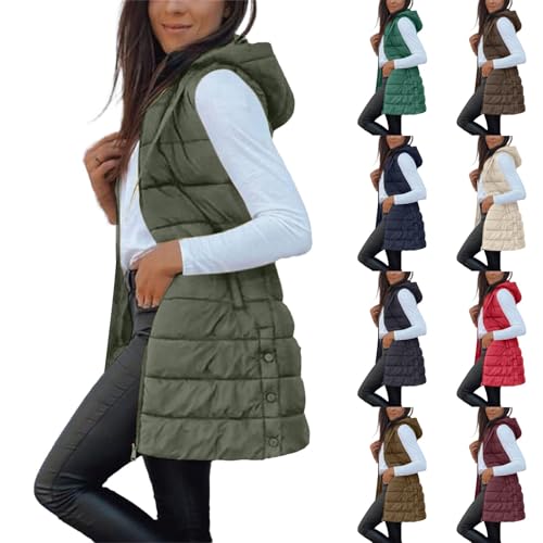 Chaleco Mujer Largo Invierno Acolchado Chaqueta sin Mangas Algodón Chalecos Largos Casual Moda Abrigo con Capucha Abrigos De Invierno Termico Parka Cálido Talla Grande Outwear con Cremallera Otoño