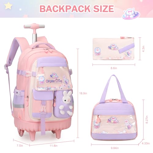 Rolling Backpack for Girls, Kawaii Bunny Roller Wheels School Backpacks with Lunch Bag Pencil case, Wheeled Suitcase Bookbag for Elementary Travel Pink2