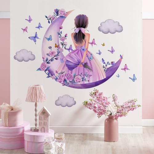 Vinilo decorativo para pared Purple Moon Girl flores mariposa miniatura 2