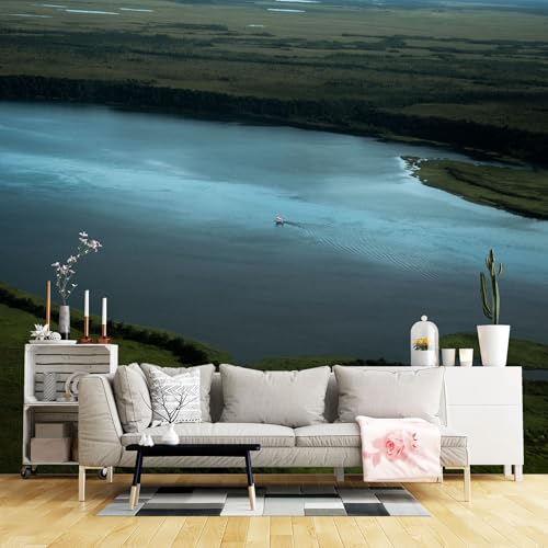 Custom Size Wall Murals,Wide River Aerial View Tranquil Water Boat Journey Green Shoreline Landscape,SelfAdhesive Wall Fabric(NO PVC) Removable Wallpaper for Living Room,Bedroom