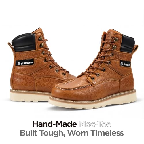 Image of SUREWAY 8 inch Soft Toe Work Boots for Men - GoodyearWelt Full Grain Leather, Lace Up Moc Toe Work Shoes, EH Construction Oil /Slip Resistant, Durable Rubber Sole Boots for Warehouse, Factory, Daily Wear