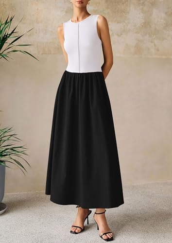 Image of PRETTYGARDEN Maxi Dresses for Women 2026 Summer Casual Sleeveless Patchwork Flowy Vacation Sundress Knit Long Work Tank Dress