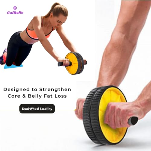 Image of Abs Roller Wheel with Anti-Slip Grip & Soft Knee Mat | Home Workout Equipment for tummy Trimming | Dual Wheel Ab Roller for Core strengthening, Belly Fat Burn & Fitness Training (Yellow)