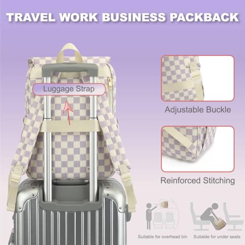 Image of Women Laptop Backpack, Corduroy 15.6 inch Travel Backpack for Work College Business, Teacher Nurse Bag with Large Capacity School Bookbag Bags for Girls - Checkered Purple