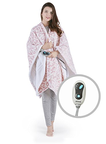 Beautyrest Ultra Soft Sherpa Berber Fleece Electric Poncho Wrap Blanket Heated Throw with Auto Shutoff - 5 Years Warranty, 50" W x 64" L, Blush Lattice