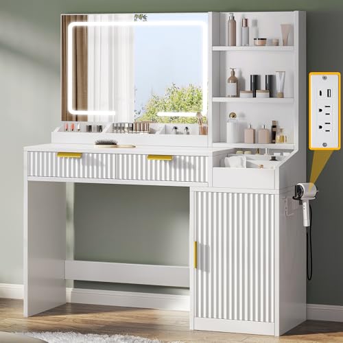 DWVO Fluted Makeup Vanity Desk with Large 27" Mirror and