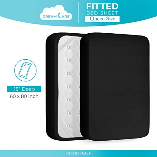 Dreamcare Fitted Sheet Queen Size - Deep Pocket Fitted Sheet - Fits Up To 15 Inch Mattress - Deep Pocket Queen Sheets - Hotel Luxury - Shrinkage & Fade Resistant - 1 Fitted Sheet Only (Black, Queen) #TOP3