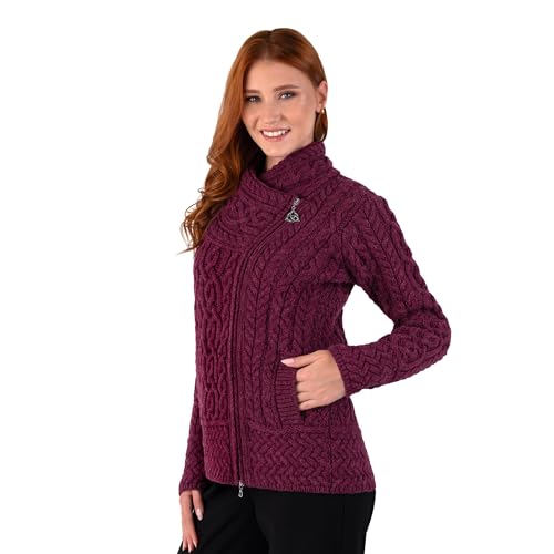 Image of SAOL Irish Cardigan for Women Made of 100% Merino Wool Ireland Sweater Cable Knit Zip Jacket