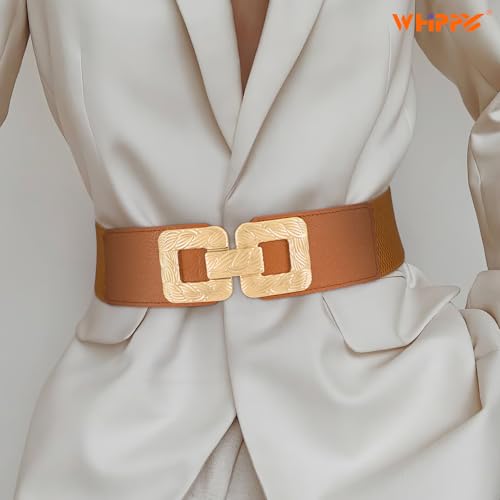 WHIPPY 2 Pack Womens Wide Elastic Stretch Waist Belts for Dresses Fashion Ladies Belt Waistband with Square Gold Buckle4