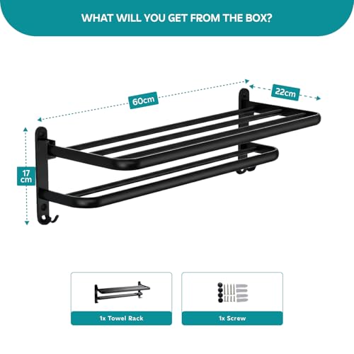Image of MIORAH 24 Inch Powder - Coated Aluminium Towel Rack for Bathroom - Rust - Free, Space - Saving Bathroom Towel Rack Easy Installation Black