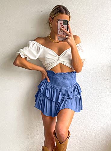 Beaully Women's Layered Ruffles Smocked High Waist Short Mini Skirt Summer Casual Short Skirt 6067 Blue X-Large #TOP3