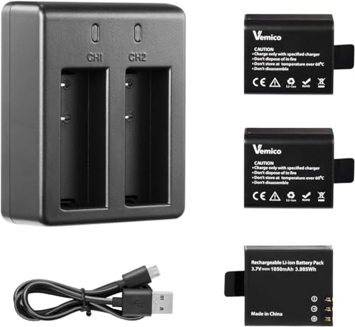 Vemico Action Camera Battery 3x1050mAh with Dual Charger