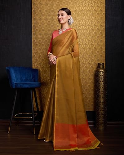 Image of SWORNOF Women's Linen Cotton Silk Saree with Unstitched Blouse Piece | Saree for Women | Saree with Blouse Piece | Soft and Skin Friendly