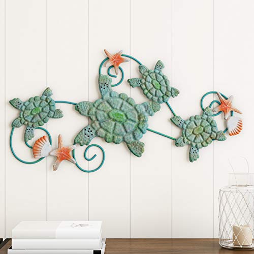 Lavish Home Turtles Wall Art with Shells and Starfish Nautical 3D Metal Hanging