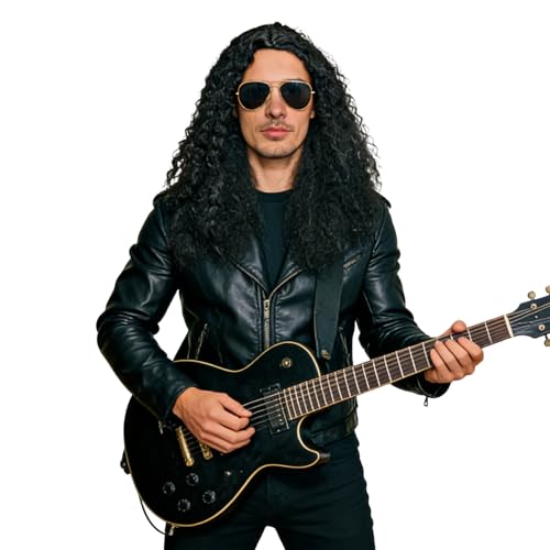 GYIOFAI Peluca Larga Hombre Negro con Gafas para Adulto, Set de Disfraz Hippie Rizado Peluca Metal Pelucas Estrella de Rock Hippie Carnaval Halloween Cosplay de Pelo Sintético para Fiesta Festivales