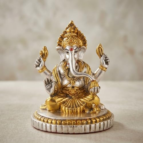 Image of eCraftIndia Golden Silver Plated Metal Ganesh Murti for Diwali Pooja | Ganesh Idol | Diwali Decoration Items for Home Decor.