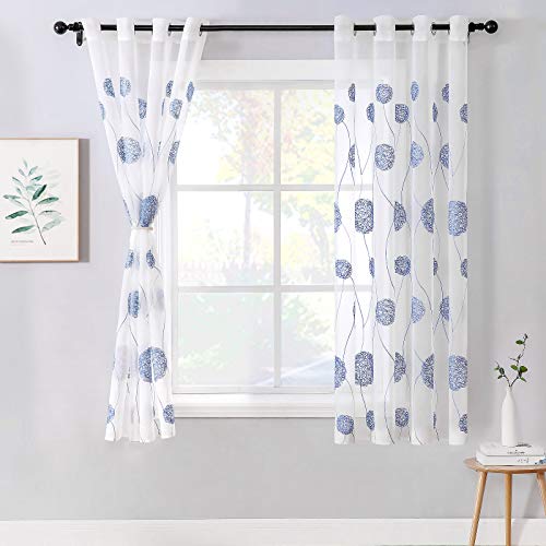 MIULEE Embroidery Sheer Curtains Flora Design Grommet Window Curtain Semi Voile Drapes Panels with Eyelets Window Treatments for Living Room Bedroom 2 Panels 55" W x 63" L Navy - Image 2