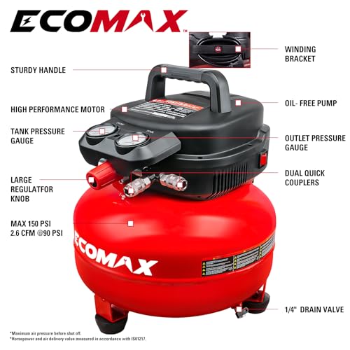 Air Compressor, 6 Gallon Pancake Air compressor, Max 150 PSI, 2.6 CFM @90 Psi, Oil Free Pancake Compressor for Home and Jobsite, Red Model: 0210673