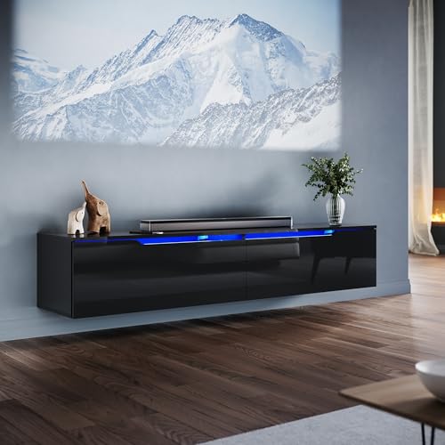 ELEGANT Floating TV Stand Cabinet Unit with 16 RGB LED Lights High Gloss TV Stand with Pull-Down Door Modern Black Wall Mounted TV Cabinet with Storage Shelves for Living Room 1600x350x300mm