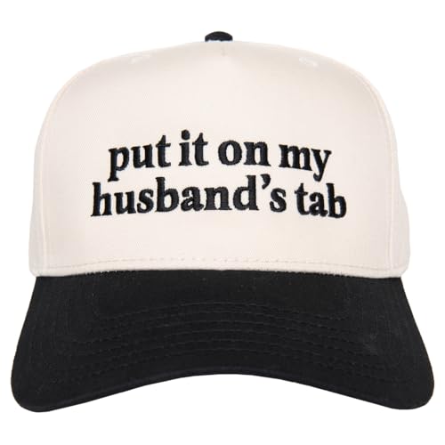 KATYDID Put It On My Husbands Tab Embroidered Trucker Hat for Women - Vintage Two-Tone Snapback Baseball Cap - Trendy Western Style Womens Hat - USA Made (Black/Tan)