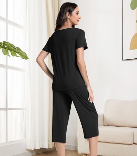 Image of NACHILA Pajamas for Women-Viscose Made from Bamboo, Short Sleeve Sleepwear Soft Capri Pants Pjs Lace V Neck Lounge Sets