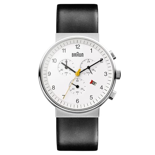 Braun Mens Chronograph with Date Analogue Quartz Watch, White Dial and Black Leather Strap, 40mm Stainless Steel Case, Model BN0035BWHBKG