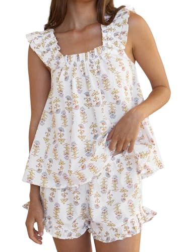 Image of Wyeysyt Summer PJs for Women Set, Womens Floral Pajama Set Trim Cami Top and Shorts 2 Piece Sleepwear Set