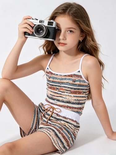 Image of Size 7-14Y Girls Clothes 2 Piece Outfits Striped Tank Top Drawstring Shorts Teen Girls Summer Clothing Sets
