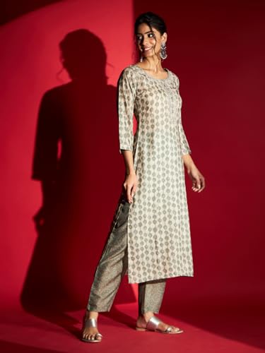 Image of Naixa Women's Pure Muslin Printed and Embroidered Straight Kurta with Pant and Dupatta Set (R-Taniya)