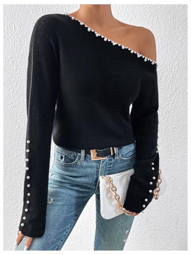 WDIRARA Women's Pearls Beaded One Cold Shoulder Sweater Long Sleeve Asymmetrical Knit Top3