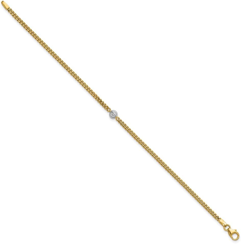 IceCarats 14K Solid Two Tone Gold 0.10 carat Diamond Curb Chain Link Station Bracelet 7.25 inch Round Cut, Natural, Bezel Set For Her