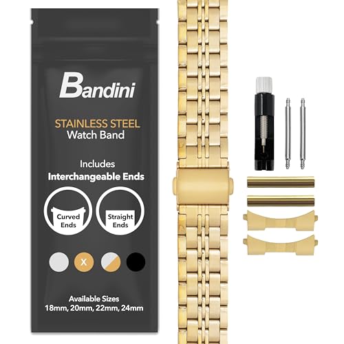 Bandini 20mm Stainless Steel Fitted Curved End Metal Watch Band for Men, Tapered Watch Strap Bracelet, Push Button Deployment Clasp, Jubilee Style - Gold 20 mm Watch Band