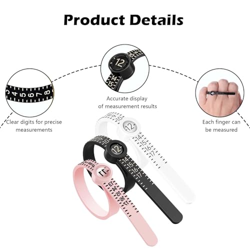 Image of 3 PCS Ring Sizer Measuring Tool with Magnifying Glass,Jewelry Sizing Kit for Accurate Ring and Finger Measurement, Includes White, Black, and Pink Adjustable Ring Sizers