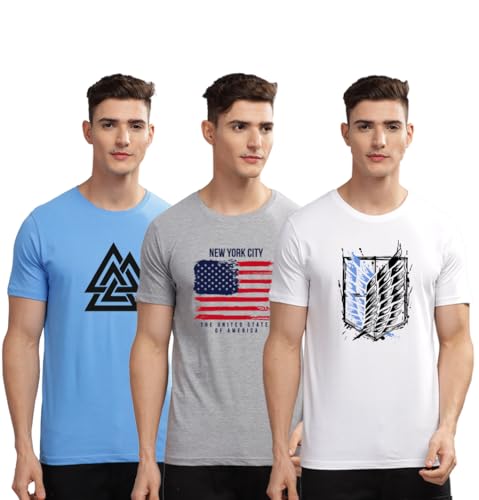 Image of ADRO 100% Cotton Lycra Tshirts for Men Combo Pack of 3 | Regular Fit | Printed T Shirt | Round Neck Half Sleeve| Mens Tshirts